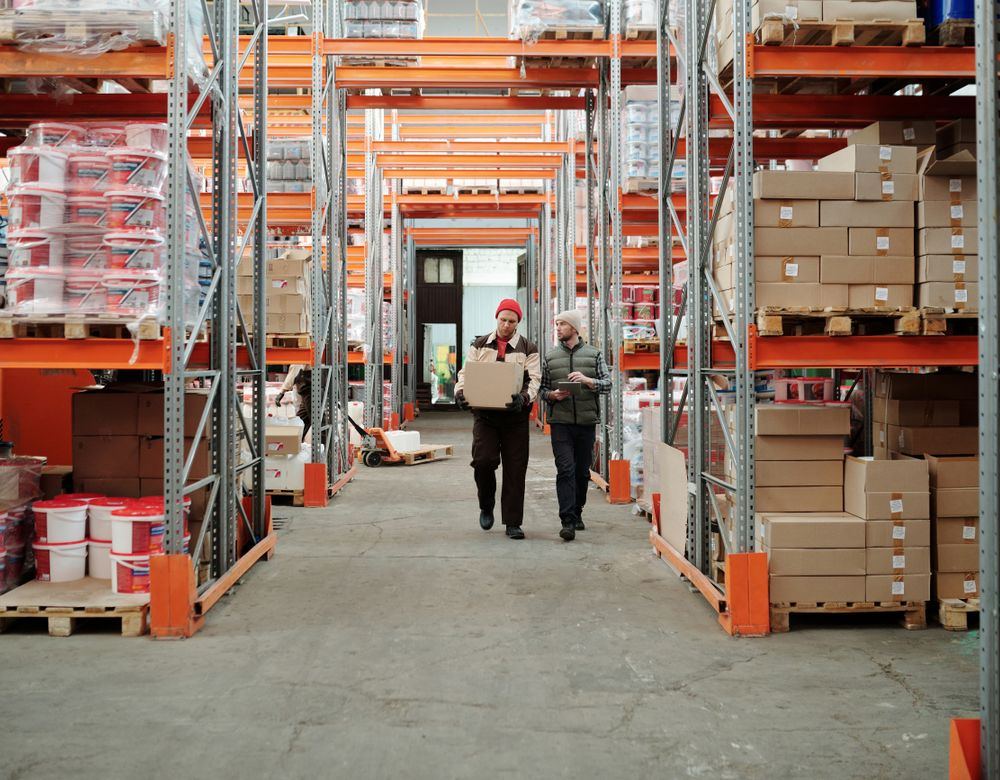 Zelop staff walking a stocked distribution warehouse aisle